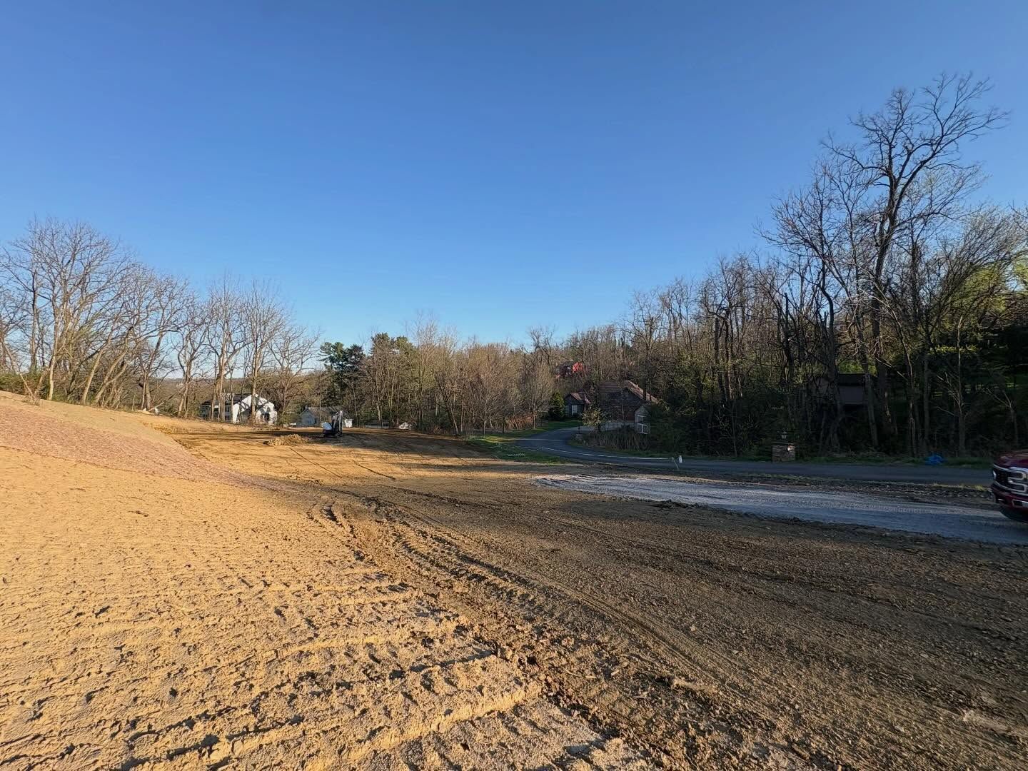 Wide sandy dirt lot beside leafless trees under a clear blue sky