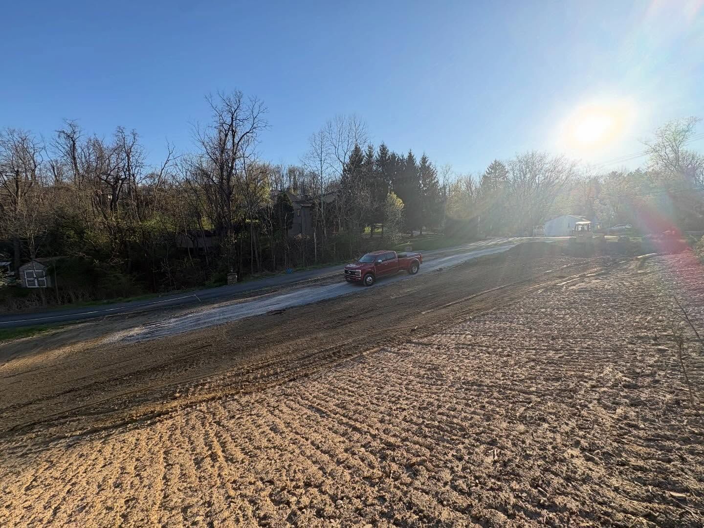 Red car driving on a frosty road beside trees under a bright low sun