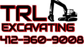 TRL Excavating logo with excavator silhouette and phone number 412-360-9008