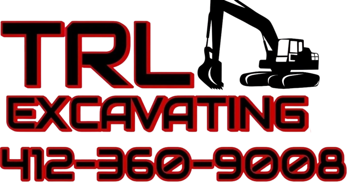 TRL Excavating logo with excavator silhouette and phone number 412-360-9008