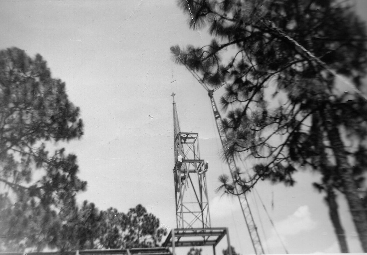 Black and white photo of a tall radio tower, surrounded by trees, viewed from below on a sunny day.