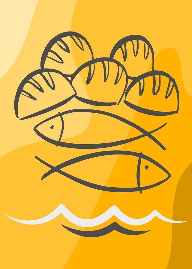 A graphic illustration of five loaves of bread above two fish, all in dark brown lines over a warm, wavy yellow background.