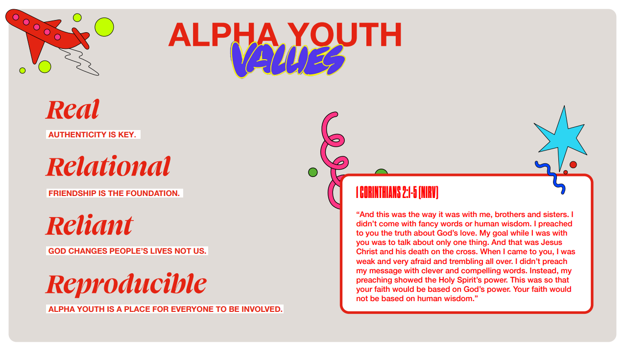 Alpha Youth values: Real, Relational, Reliant, Reproducible. Red text on a gray background.