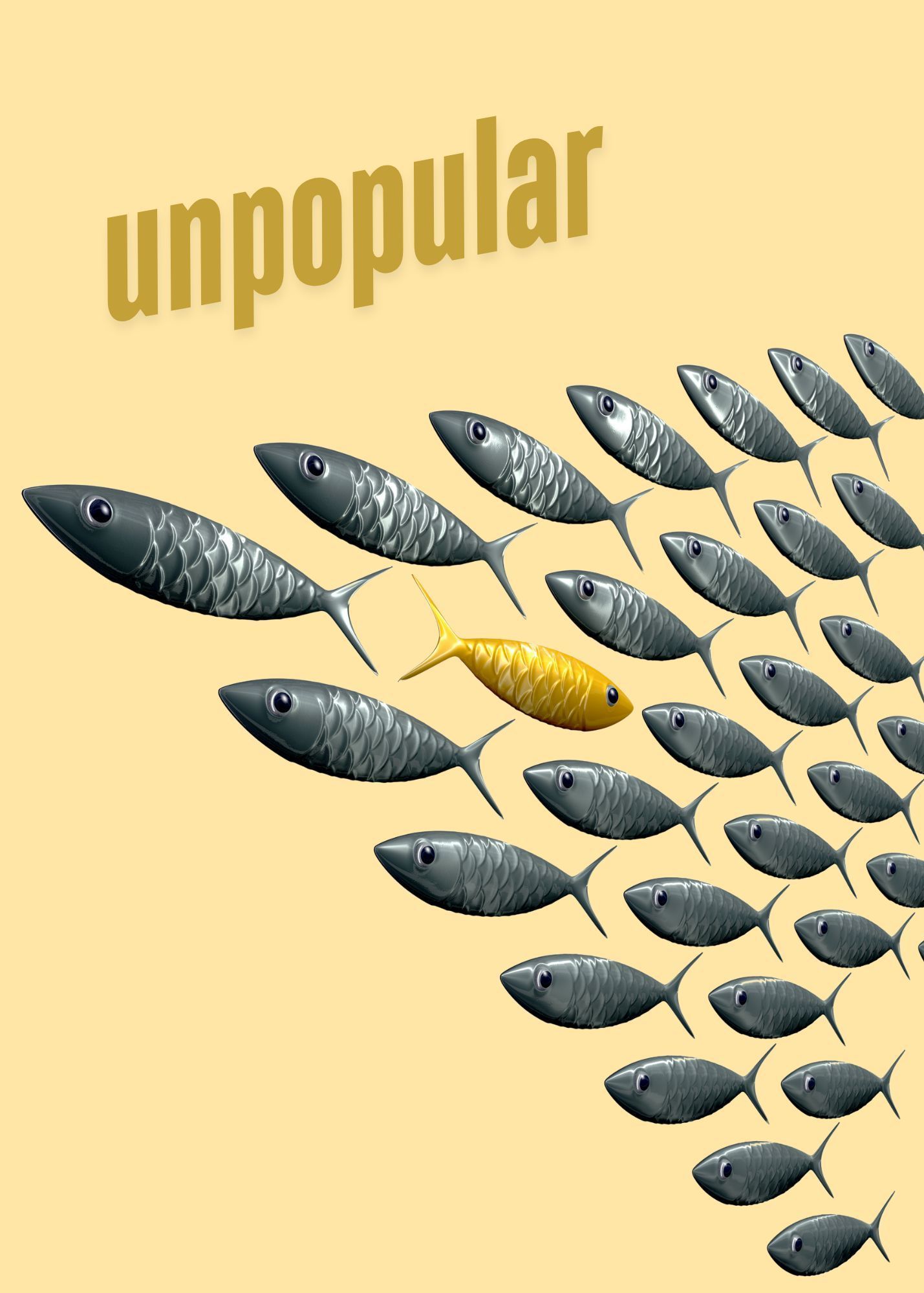 A lone yellow fish swims in the opposite direction of a school of grey fish, under the word