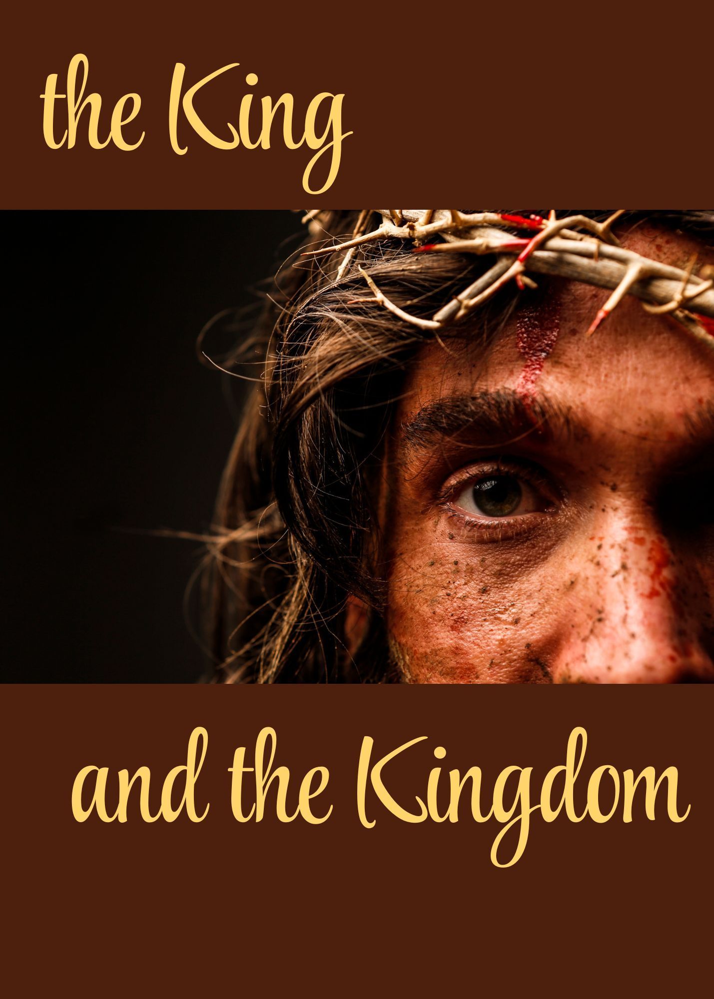 A close-up portrait of Jesus wearing a crown of thorns, with the text