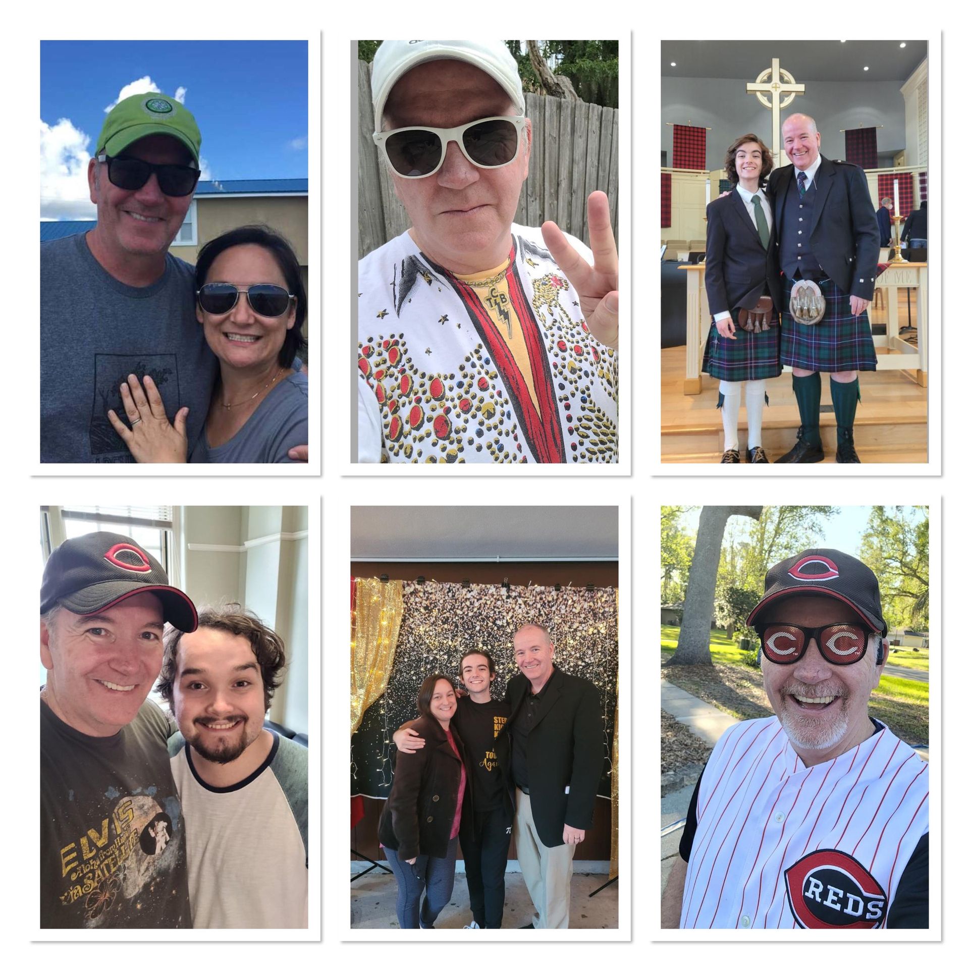 Six photos of a man with various people in diverse settings, including outside, a church, and with family.