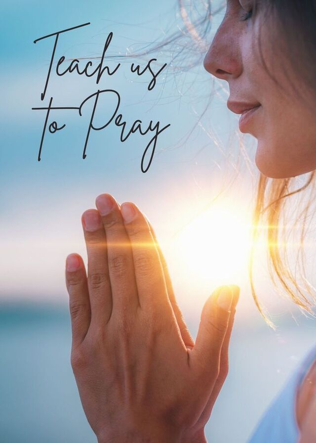 A person with hands pressed together in prayer against a bright, sunlit horizon, with the words