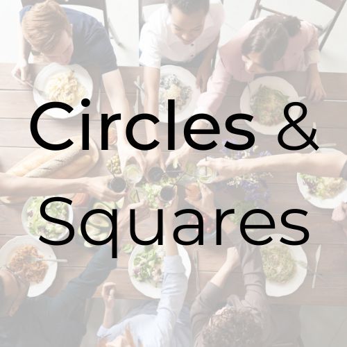 People gathered around a table with food, toasting glasses. Text