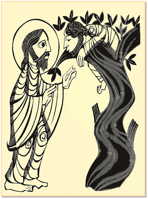 A line-drawing illustration showing a haloed figure gesturing toward a person sitting in the branches of a tree.