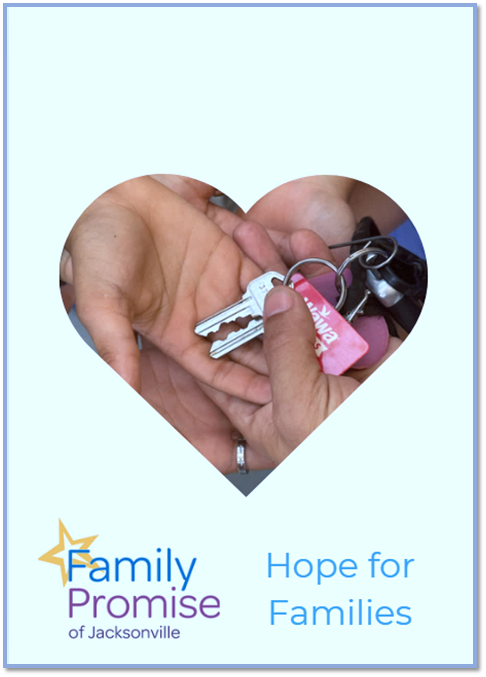Hands holding keys inside a heart-shaped frame with the Family Promise of Jacksonville logo and