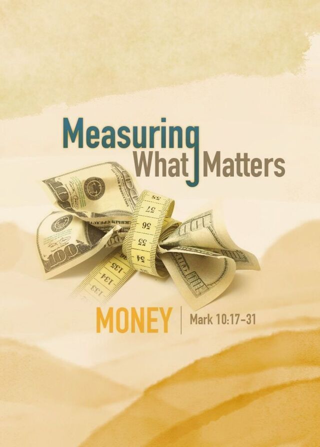 A $100 bill tied with a yellow measuring tape on a textured cream background with the text
