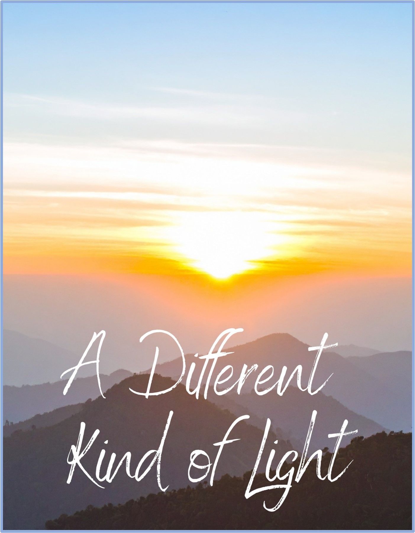 A sunset glows above layers of dark mountain silhouettes, with the text