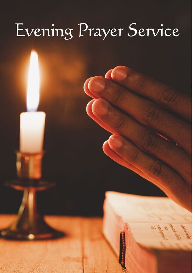 Hands held in prayer beside a lit candle and an open book, with the text