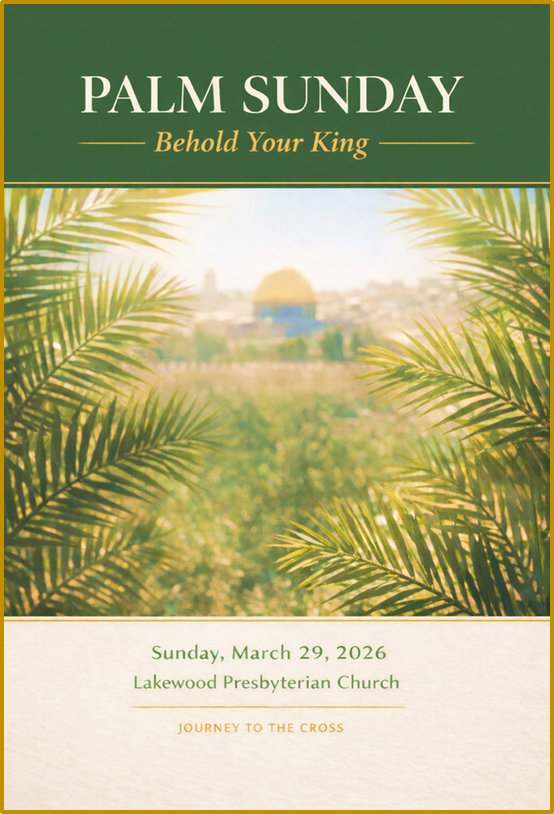 A Palm Sunday church bulletin for Lakewood Presbyterian Church on March 29, 2026, featuring palm fronds and a golden dome.