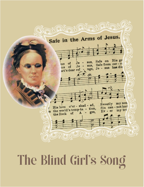 A portrait of Fanny Crosby next to sheet music for the hymn