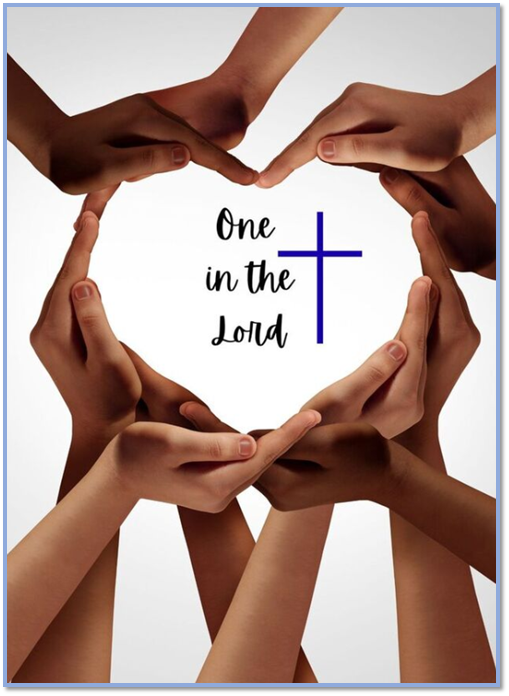 Hands of various skin tones form a heart shape around the text