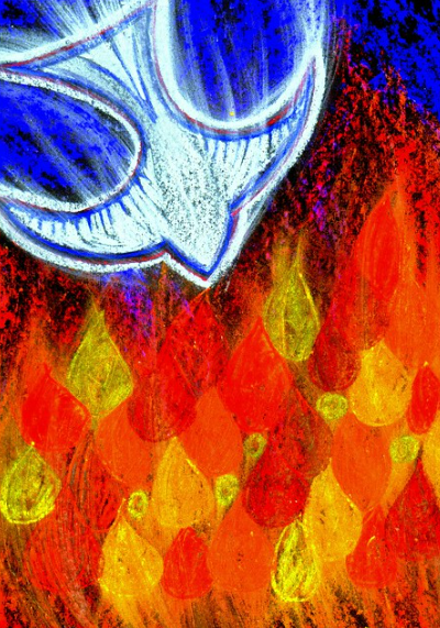 A stylized white dove descends from a deep blue sky above a vibrant field of scattered orange, red, and yellow flames.