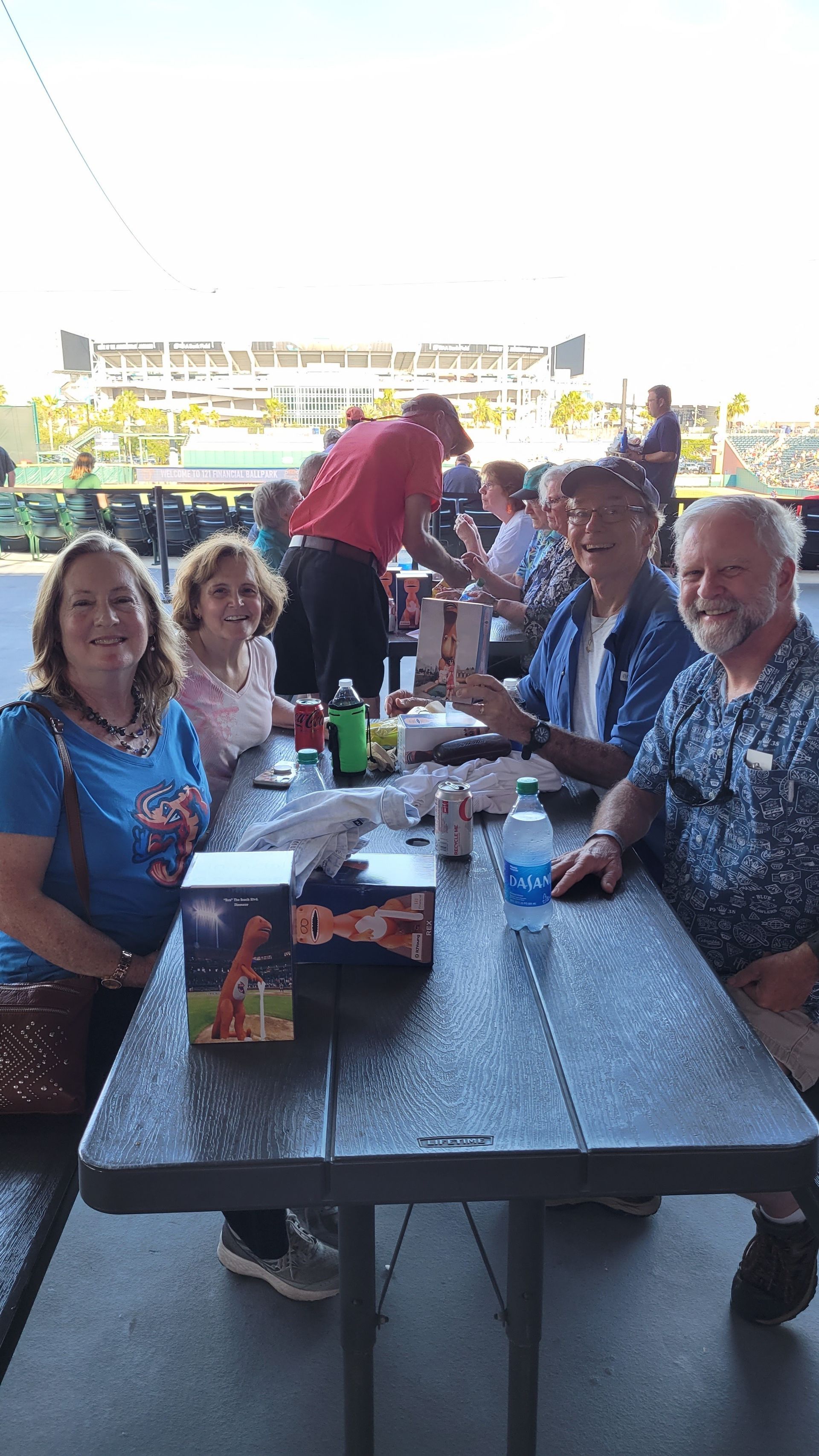 Four people seated at a picnic table, enjoying a baseball game. A person in a red shirt serves them.