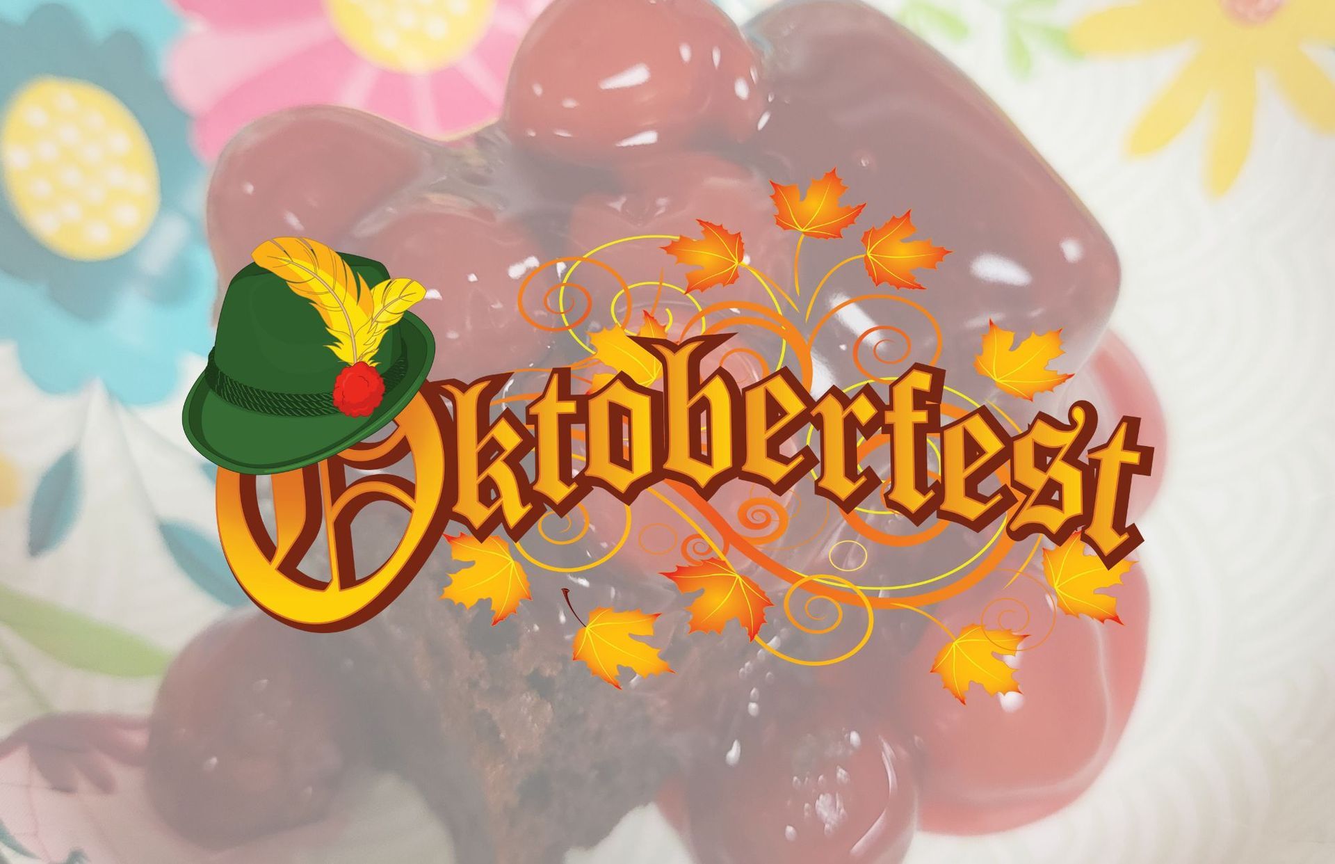 Oktoberfest logo with hat and fall leaves over blurry food.