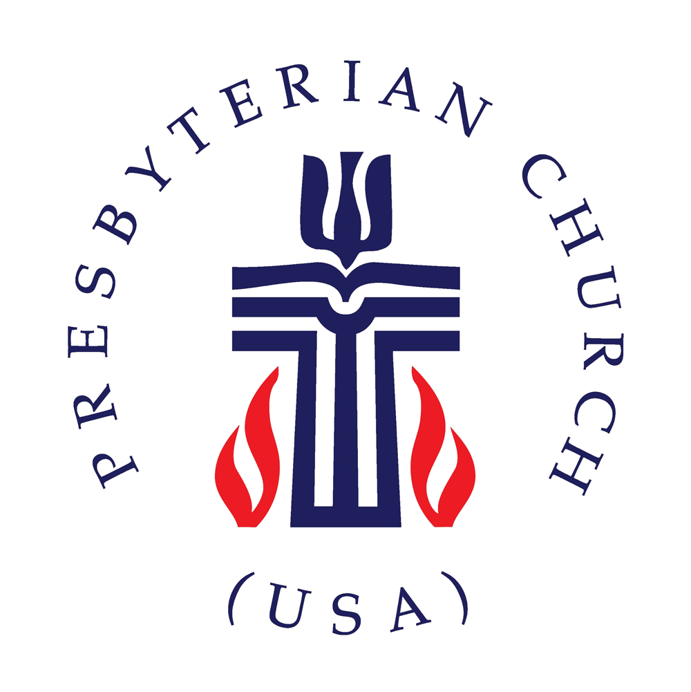 Presbyterian Church (USA) logo: cross with flames, blue and red, surrounded by text in a circle.