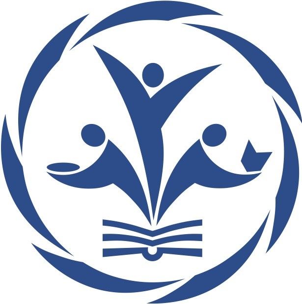 Blue emblem: figures with open arms, a book, within a circle border.