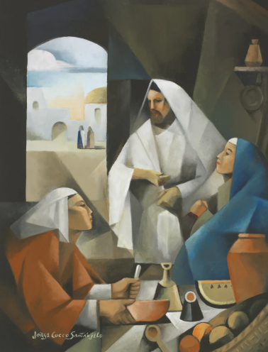 A cubist-style painting depicts three figures sitting around a table in a room, with a view of a desert town through an arch.