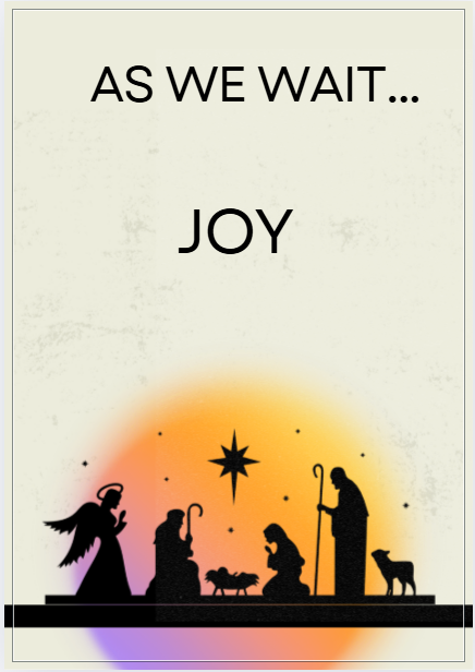 A nativity scene silhouette against a glowing orange circular backdrop, with text above reading