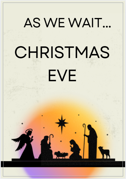 Nativity silhouette against a glowing orange sun, with text reading