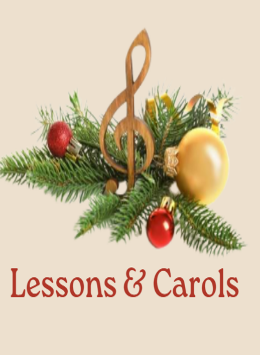 A treble clef, pine branches, and Christmas ornaments above the text