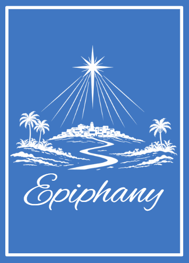 A white, stylized illustration of a star shining over a town and palm trees against a blue background with
