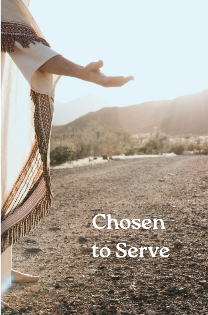 A person in robes reaching out across a desert landscape under the words