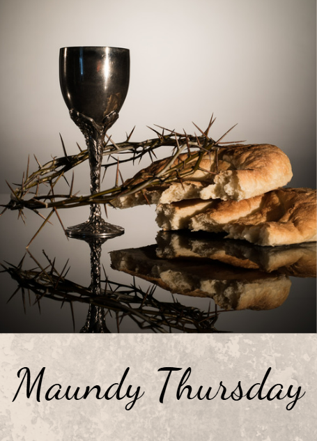 A chalice, a crown of thorns, and bread against a dark background with the text