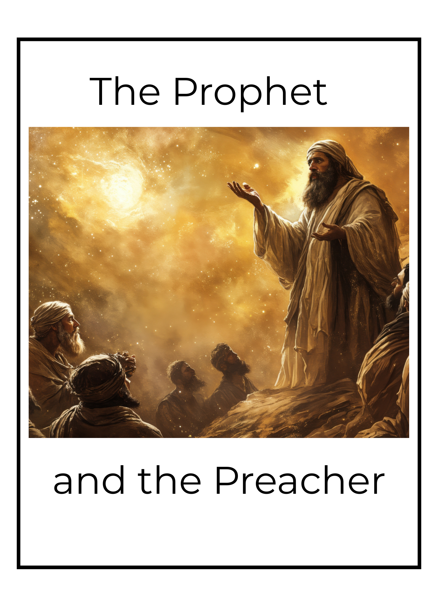 A bearded figure in robes gestures toward a glowing light before a seated crowd, with the text