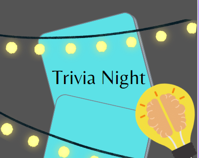 Trivia Night graphic with lightbulb, string lights, and teal screen.