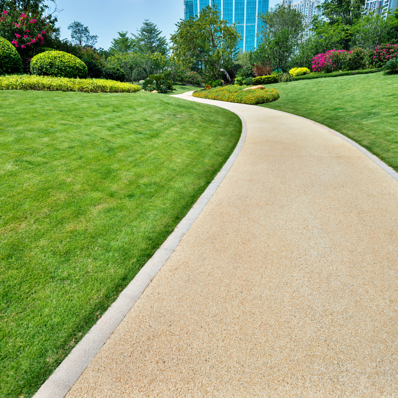 a path in a park with a building in the background .
