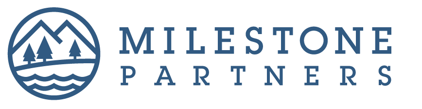 Milestone Partners logo with blue mountain and lake icon and navy text