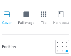 Options for background image display: Cover, Full image, Tile, No repeat. Position options grid with a highlighted blue dot.