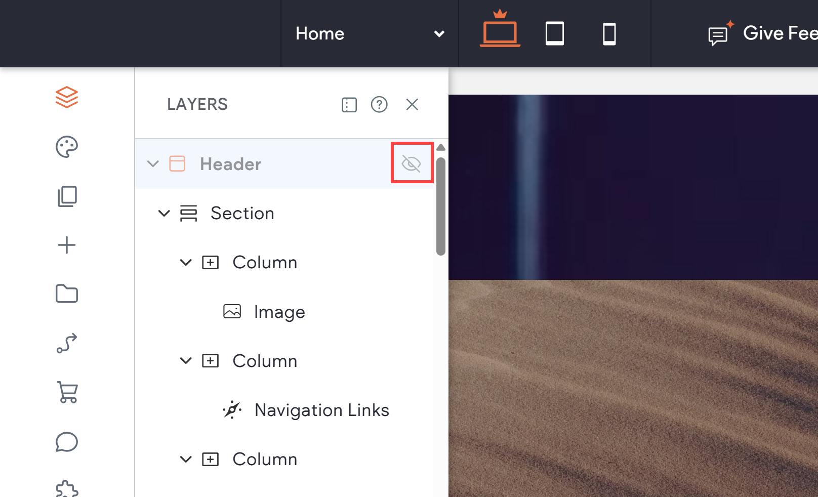 Website builder interface showing a