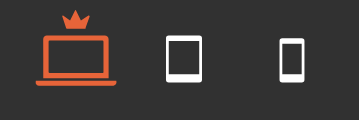 Laptop with crown icon, tablet, and phone icons on dark background.