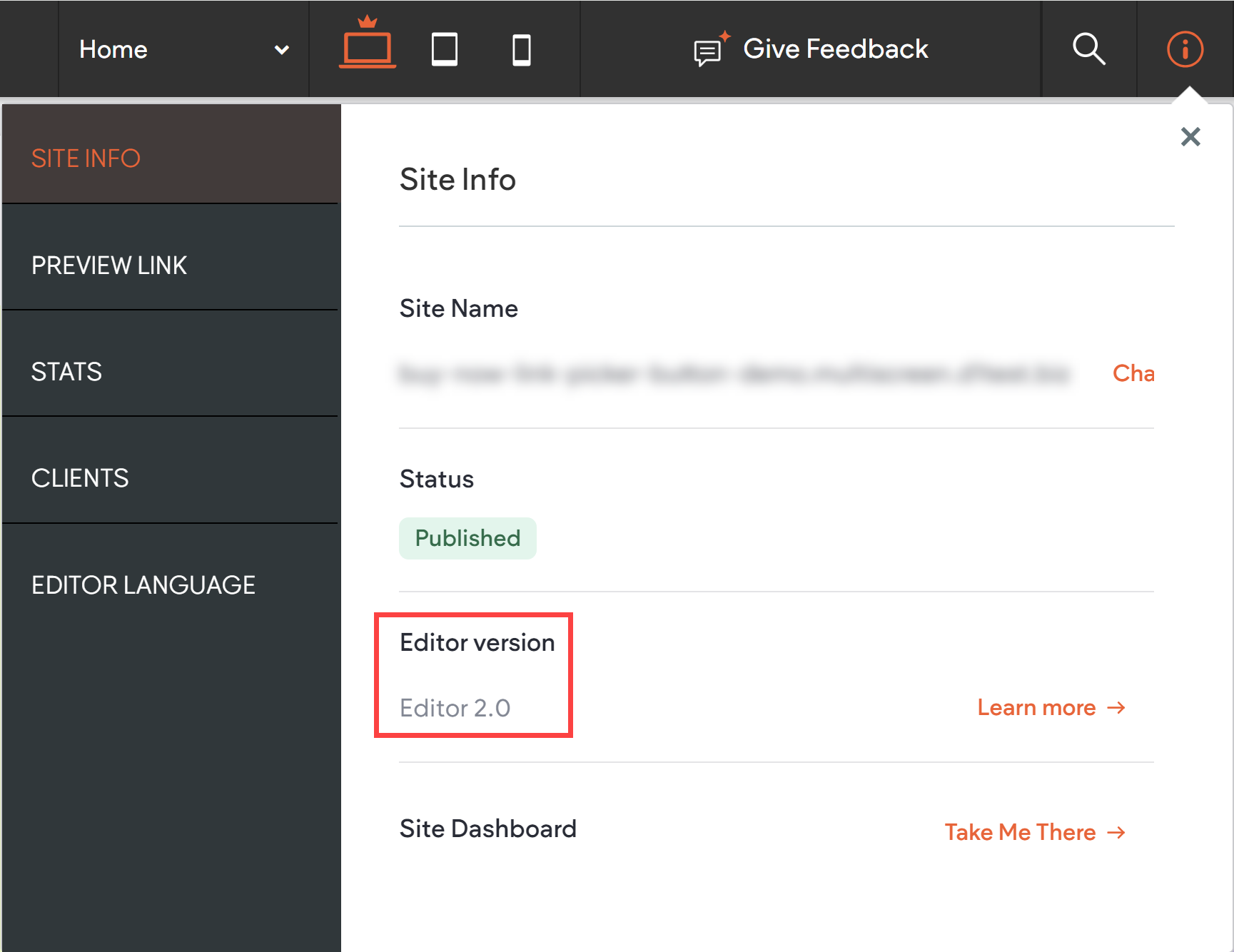 A screenshot of a website's site info settings. It shows the editor version is 
