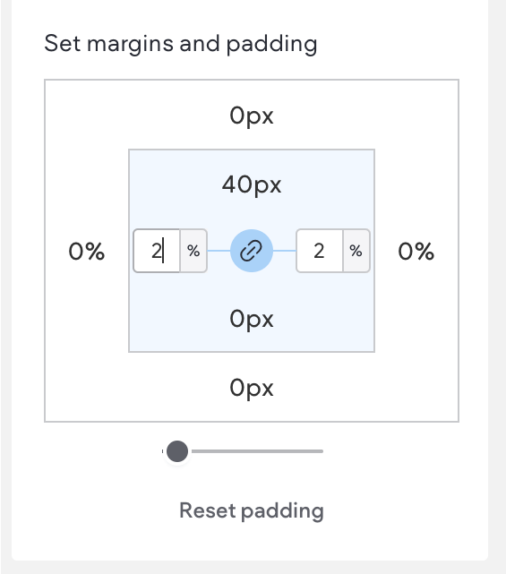 Interface for setting margins and padding, with visual indicators and input fields for adjustments.