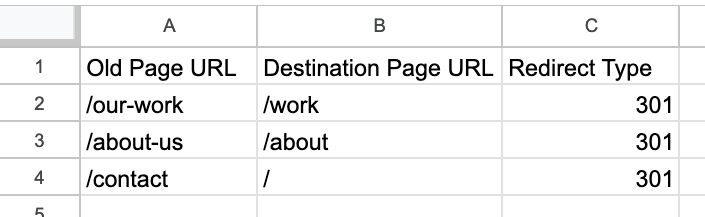 A spreadsheet with website redirects: Old page URL to Destination page URL, with redirect type 301.