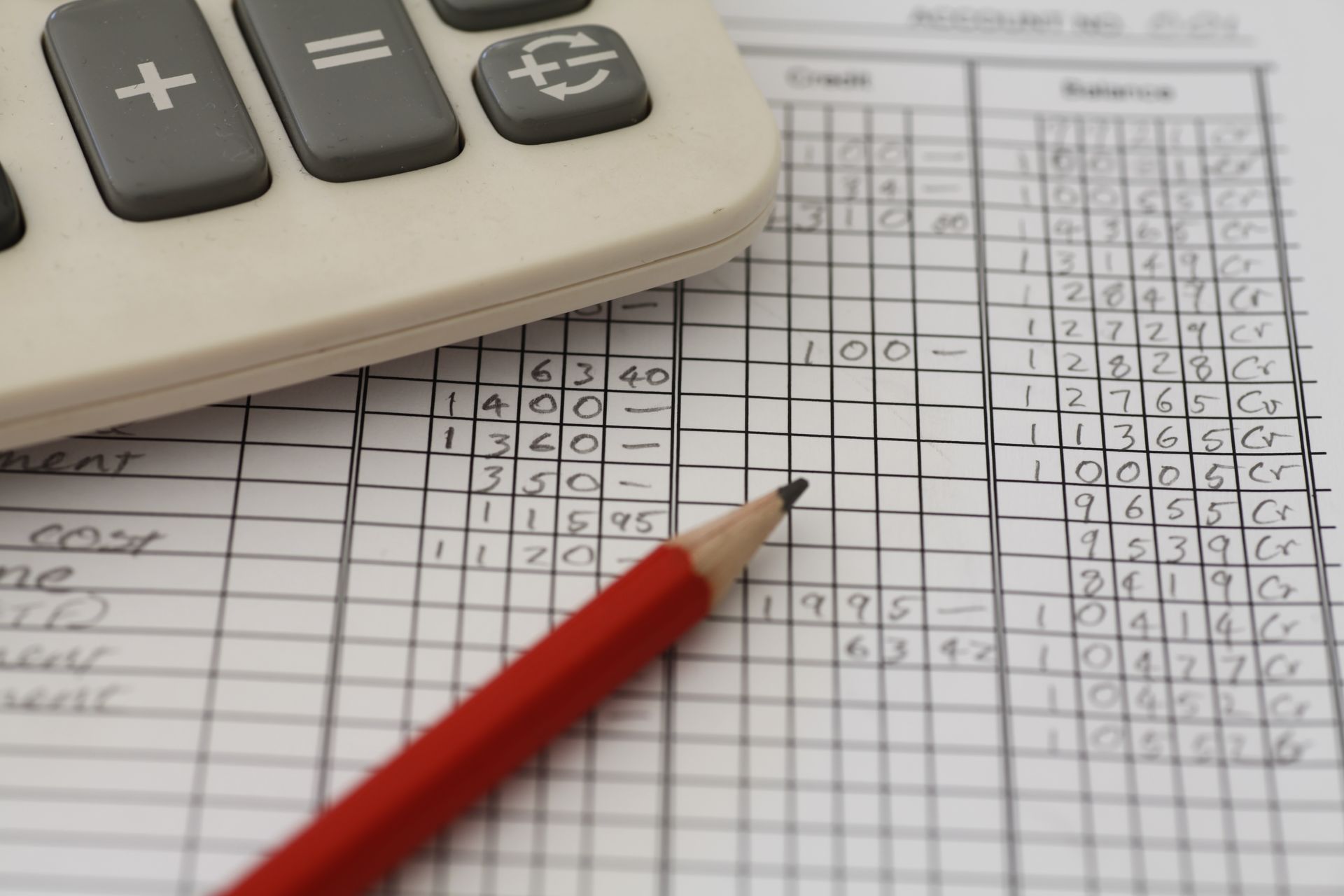 A calculator and a pencil are on a sheet of paper