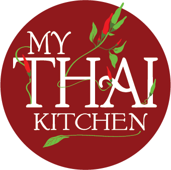Logo for My Thai Kitchen restaurant, red circle with white text and chili pepper graphic.