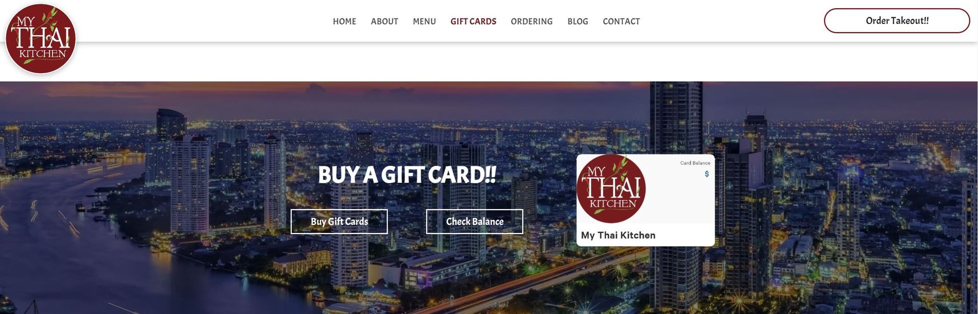 Website homepage with a cityscape background and a gift card call to action.