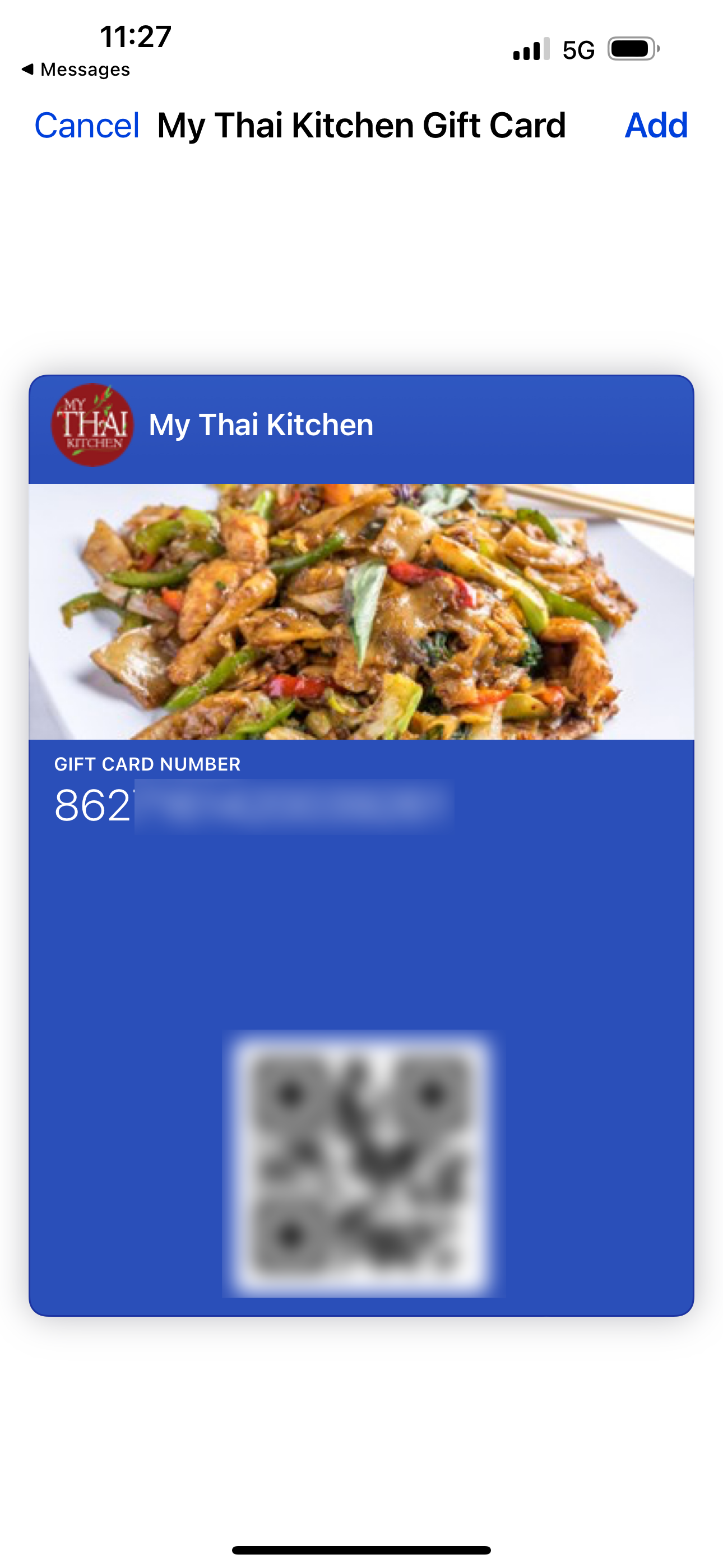 My Thai Kitchen gift card. Blue background with photo of stir-fry, QR code. Add button, cancel button.