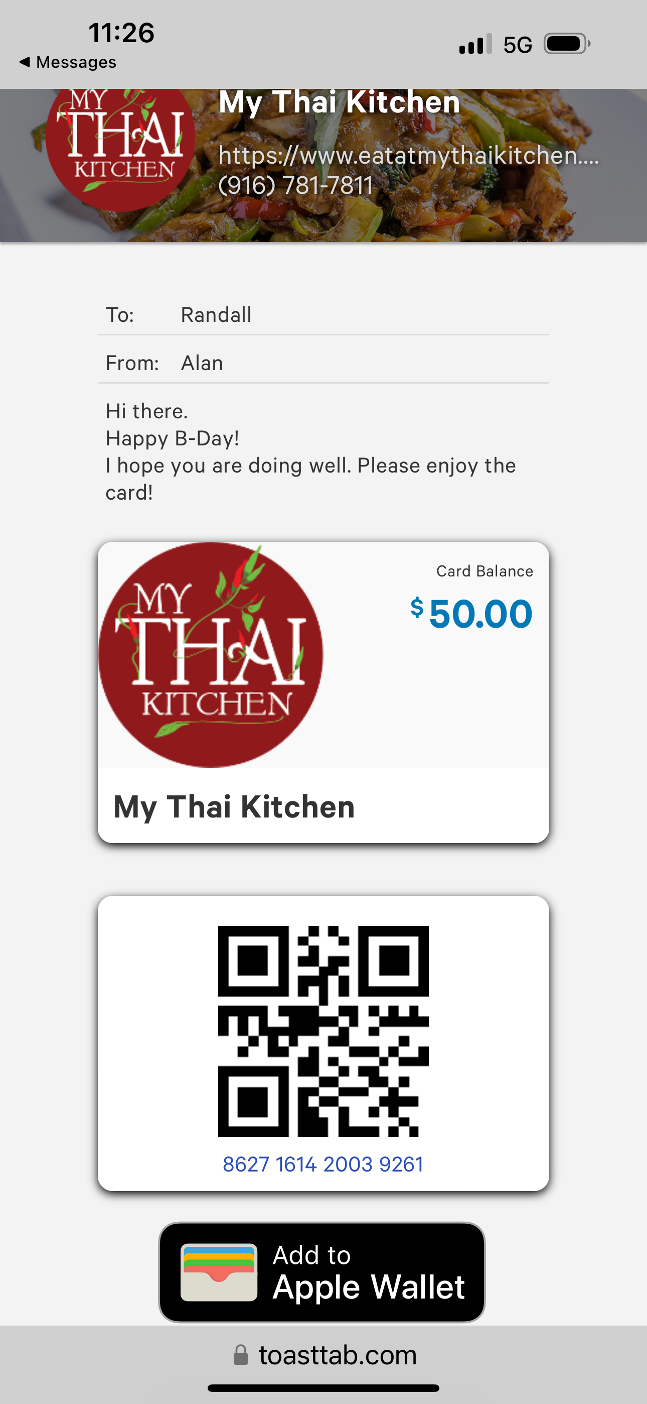 Screenshot of My Thai Kitchen gift card in Apple Wallet with QR code.