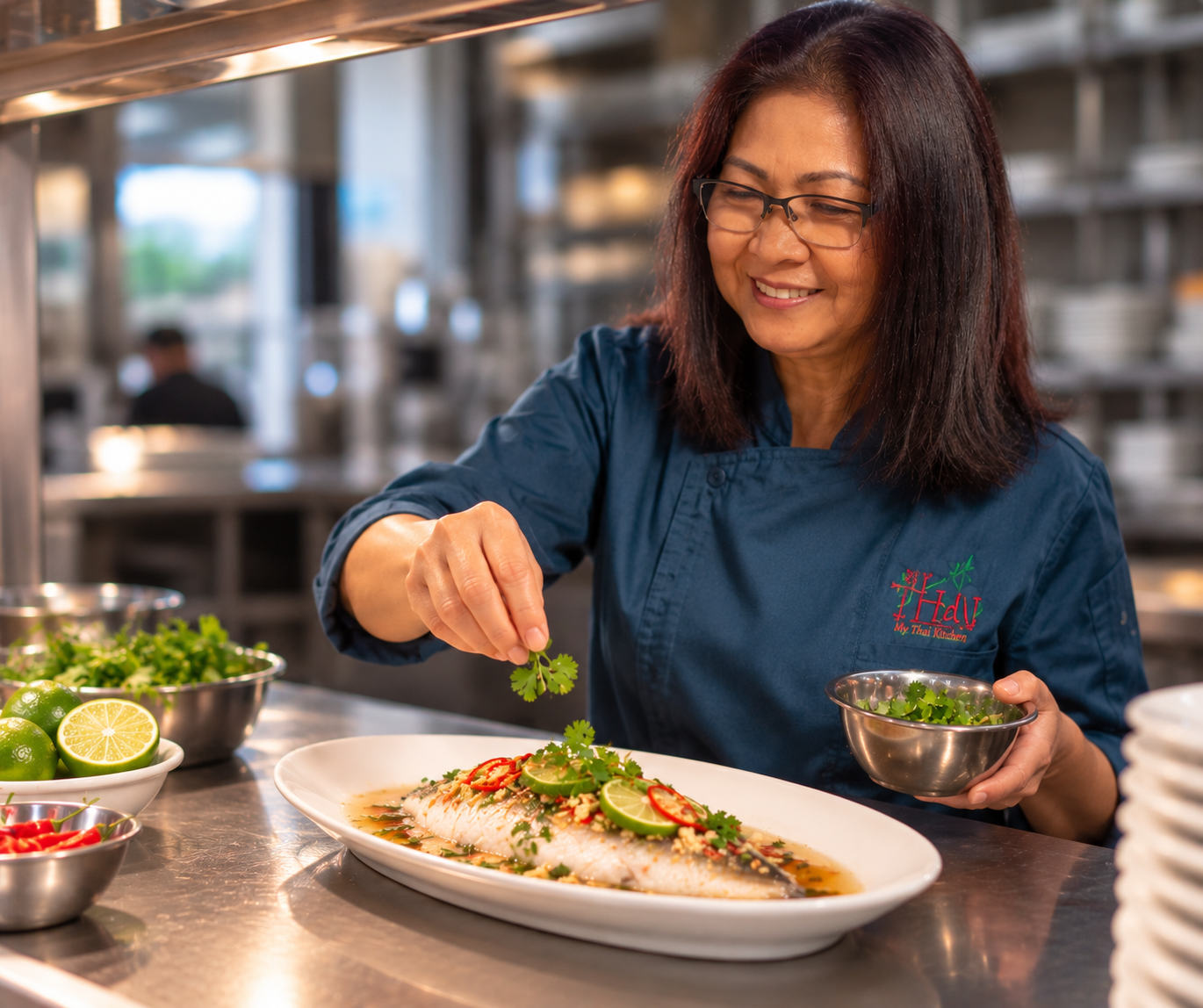 Chef Joy garnishing Thai Chili Lime Steamed Sea Bass at My Thai Kitchen in Roseville