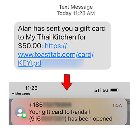 Two screenshots: a text message with a gift card from Alan, and a notification of the gift card being opened.