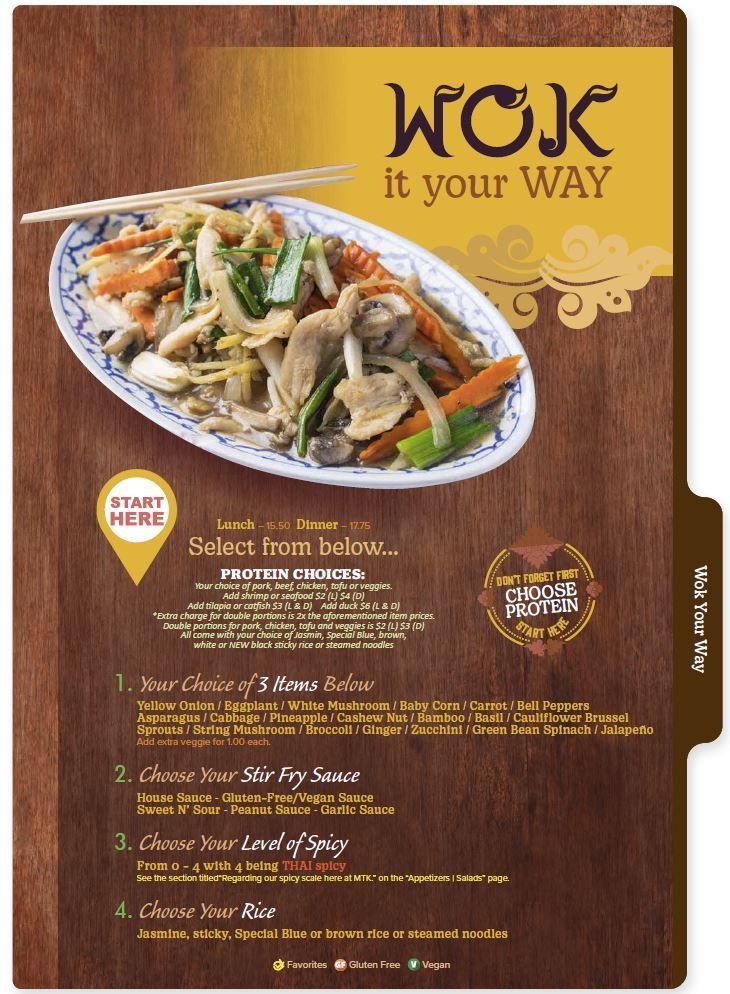 Wok it your way menu section from my thai kitchen's menu with a picture of a wok cuisine dish.
